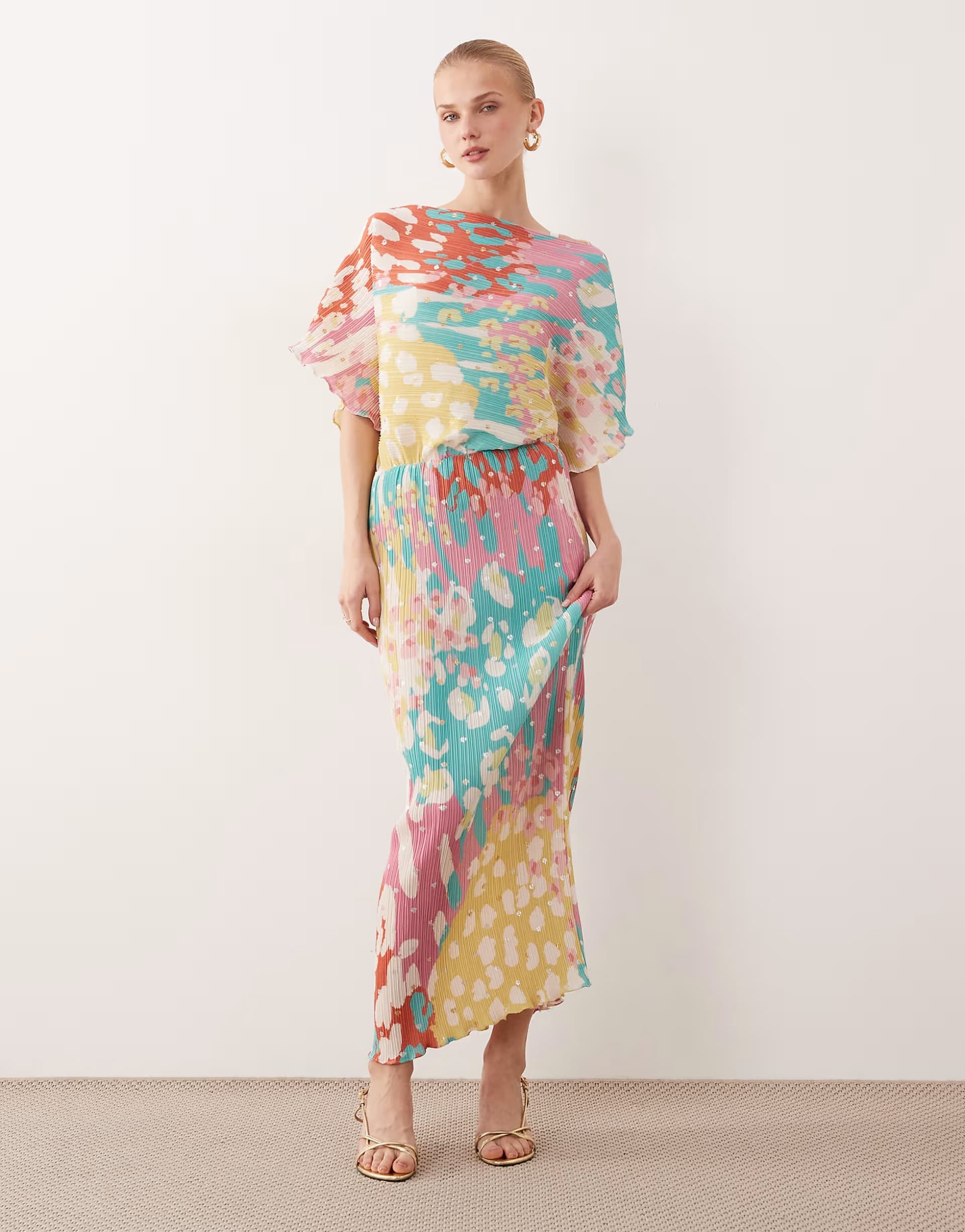 ASOS Never Fully Dressed Tilly off shoulder plisse maxi dress in metalic rainbow spot