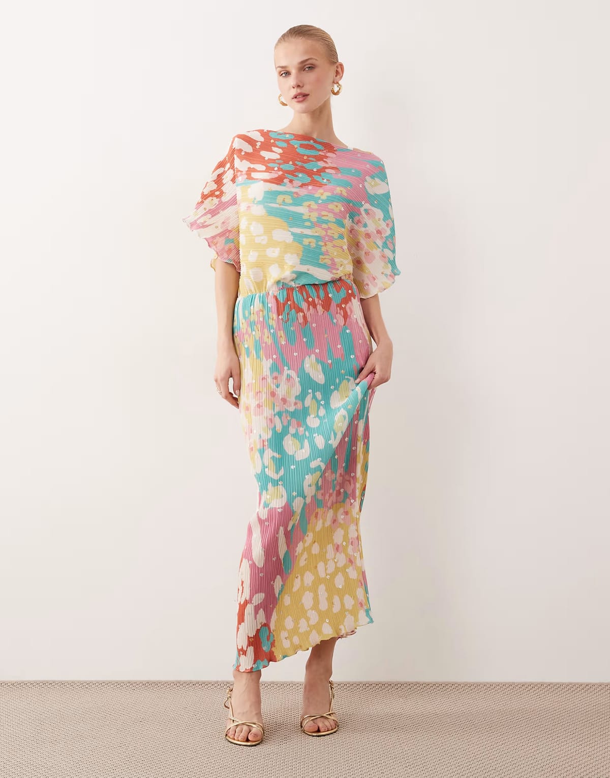 ASOS Never Fully Dressed Tilly off shoulder plisse maxi dress in metalic rainbow spot - 1