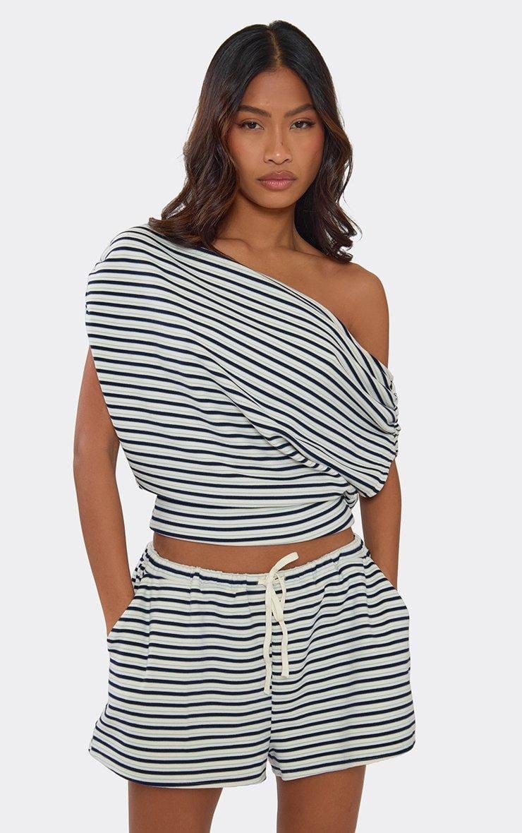 EGO Asymmetric Short Sleeve Off The Shoulder Cinched Waist Top In Blue Stripe Soft Fleece, Women's Size UK 6 - 2