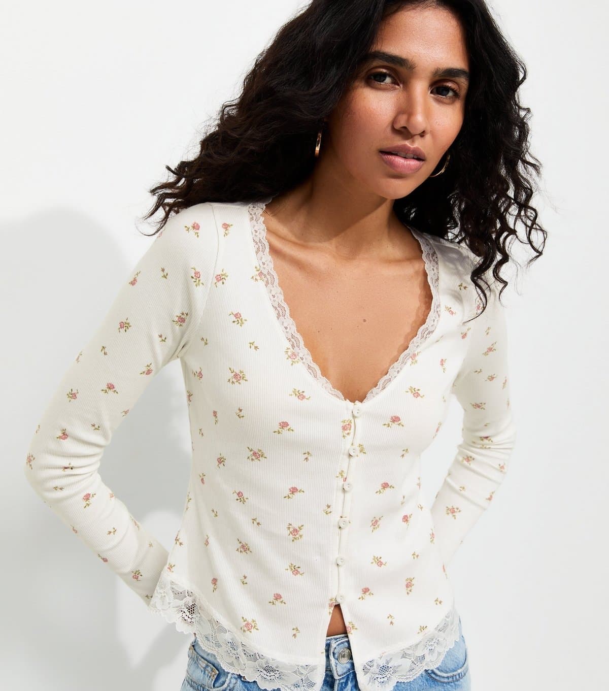 New Look Women's Cream Cotton Rich Floral Print Button Front Ribbed Top New Look