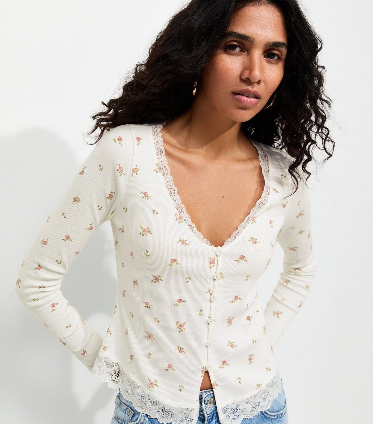 Women's Cream Cotton Rich Floral Print Button Front Ribbed Top New Look