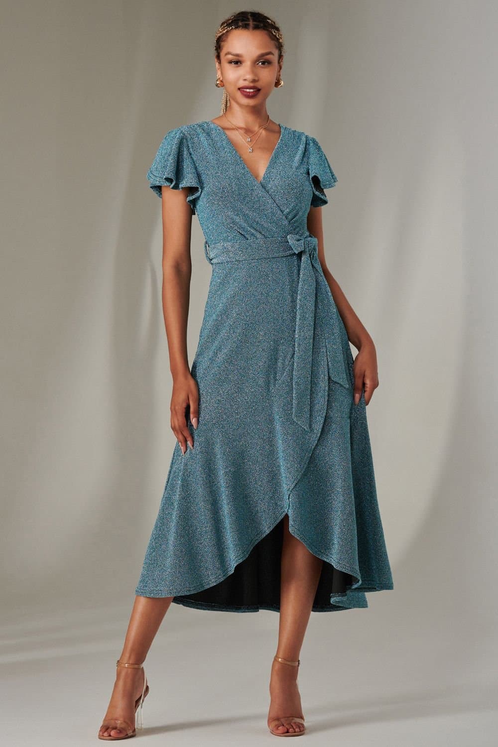 Jolie Moi Jolie Moi Women's Marlie Metallic Angel Sleeve Maxi Dress in Blue