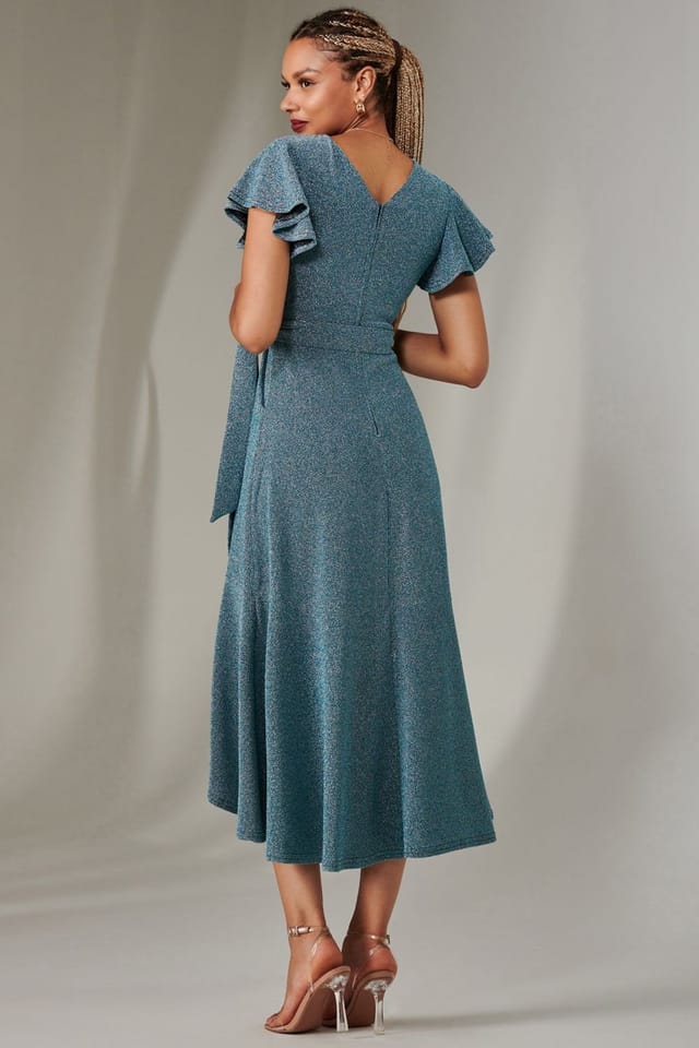 Jolie Moi Jolie Moi Women's Marlie Metallic Angel Sleeve Maxi Dress in Blue - 2