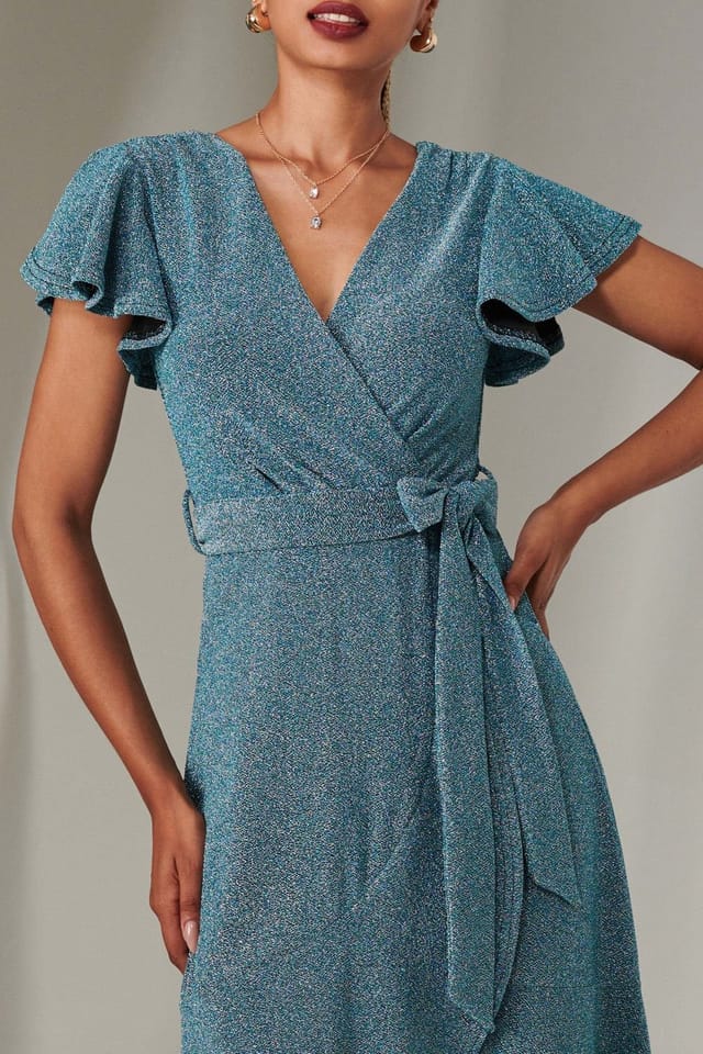 Jolie Moi Jolie Moi Women's Marlie Metallic Angel Sleeve Maxi Dress in Blue - 3