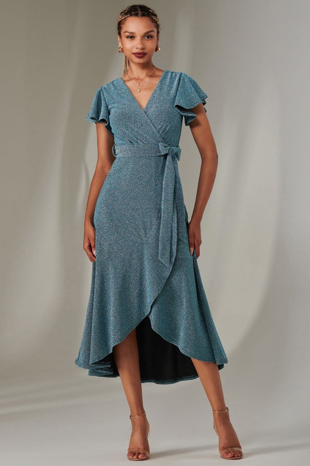 Jolie Moi Jolie Moi Women's Marlie Metallic Angel Sleeve Maxi Dress in Blue - 4