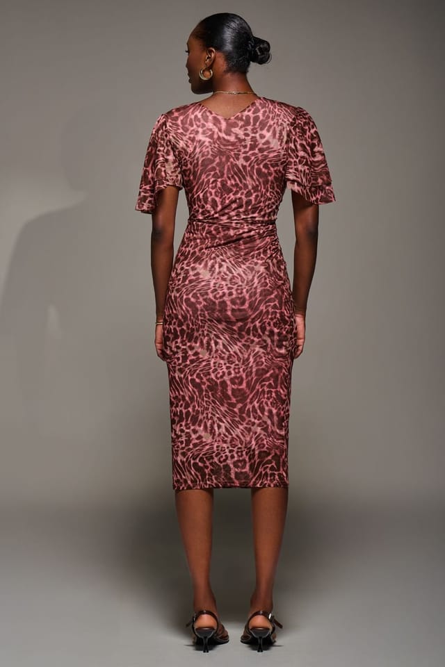 Jolie Moi Jolie Moi Women's Print Mesh Angel Sleeve Bodycon Midi Dress in Pink - 2