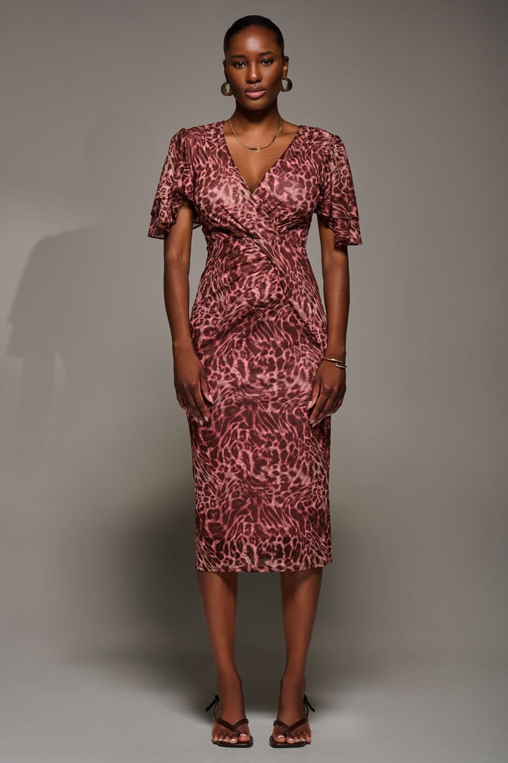 Jolie Moi Jolie Moi Women's Print Mesh Angel Sleeve Bodycon Midi Dress in Pink - 4