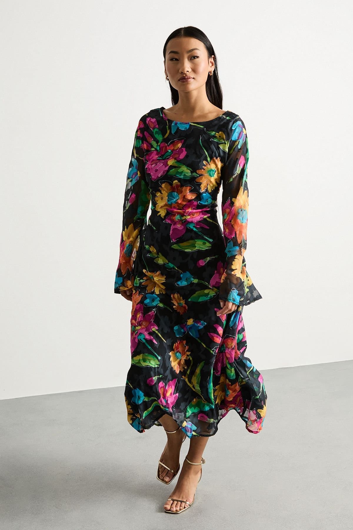 Warehouse Warehouse Women's Petite Burnout Floral Chiffon Slash Neck Bias Midi Dress in Black