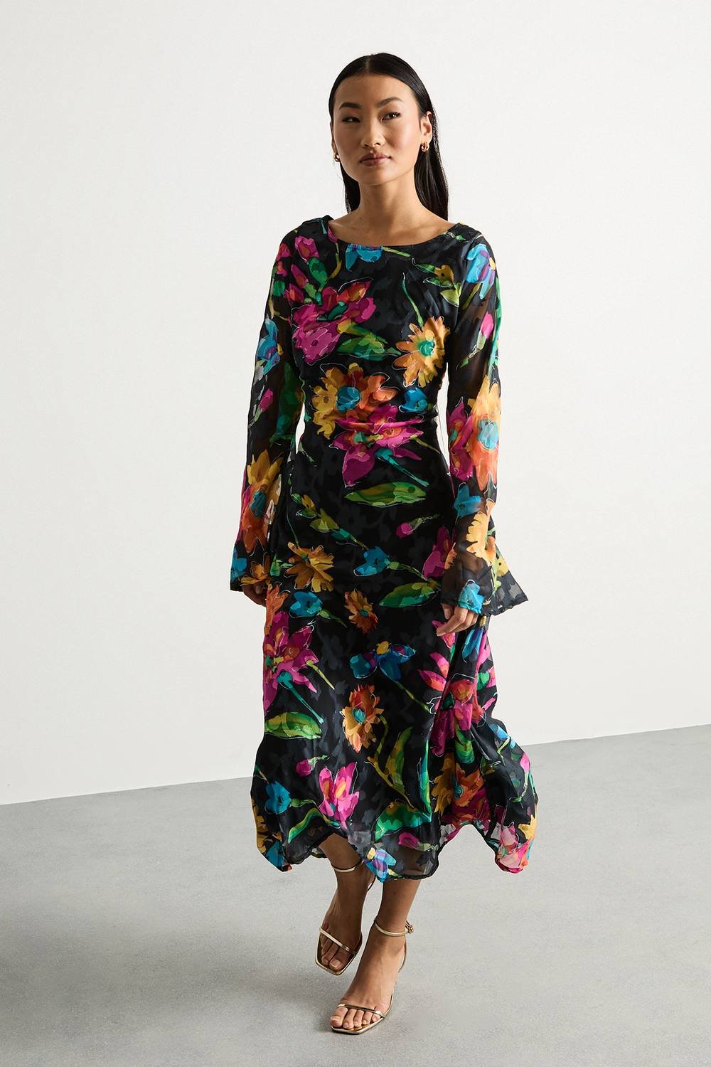 Warehouse Warehouse Women's Petite Burnout Floral Chiffon Slash Neck Bias Midi Dress in Black - 2