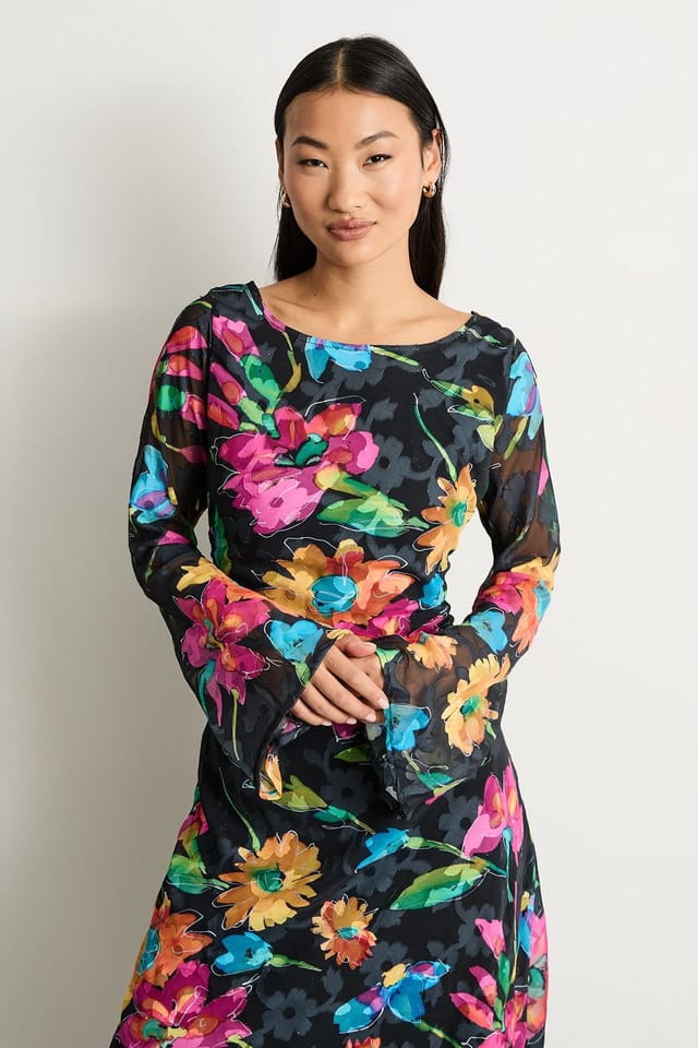 Warehouse Warehouse Women's Petite Burnout Floral Chiffon Slash Neck Bias Midi Dress in Black - 2