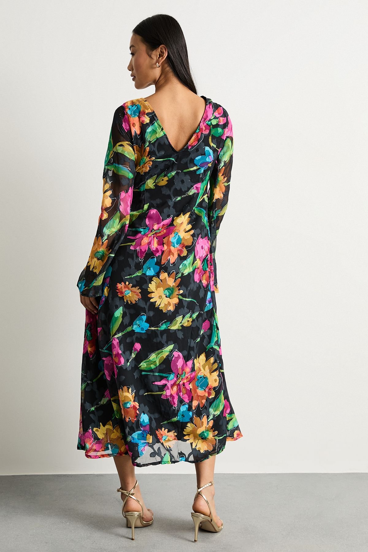 Warehouse Warehouse Women's Petite Burnout Floral Chiffon Slash Neck Bias Midi Dress in Black - 3