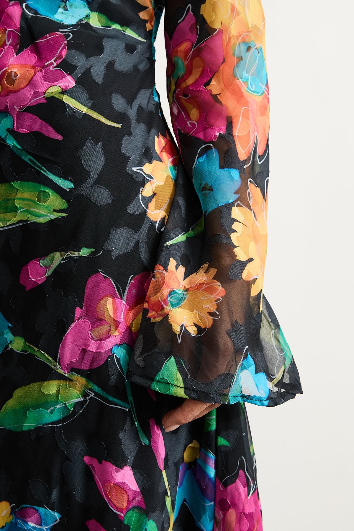 Warehouse Warehouse Women's Petite Burnout Floral Chiffon Slash Neck Bias Midi Dress in Black - 4