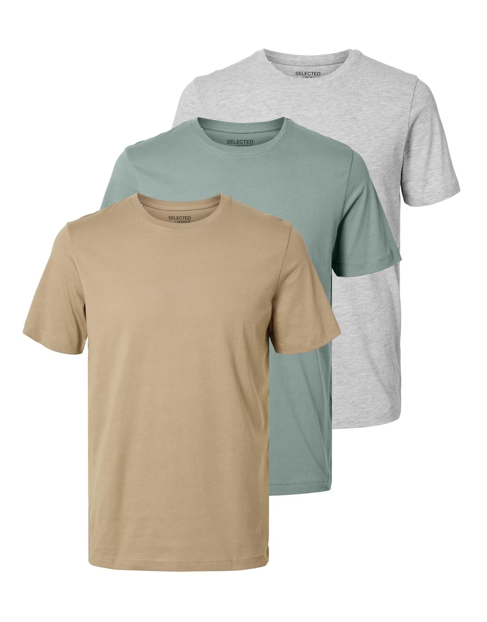 ASOS Selected 3x multipack t-shirt in light grey green & tan