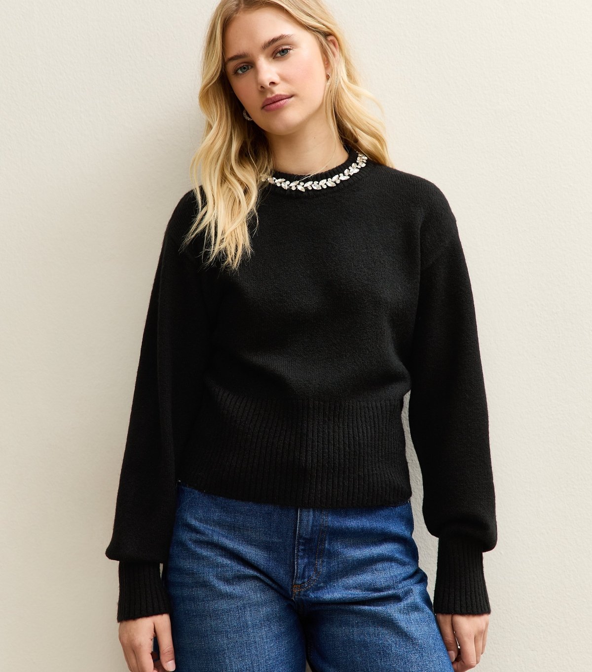 New Look Women's Black Embellished Necklace Jumper New Look - 2