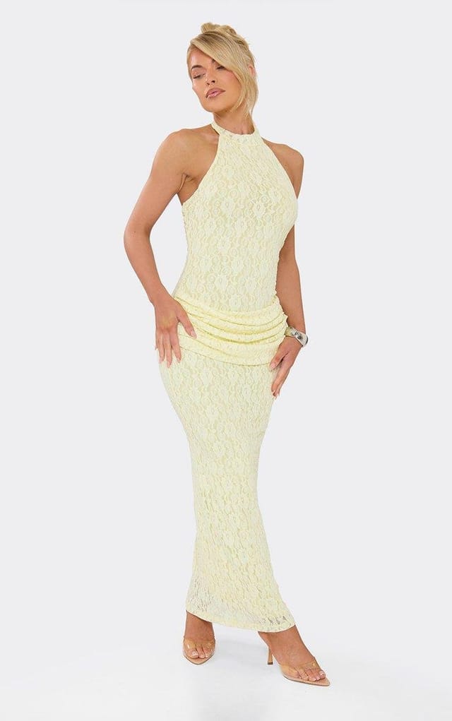 EGO High Neck Drape Front Open Back Maxi Dress In Lemon Lace, Women's Size UK 6 - 2