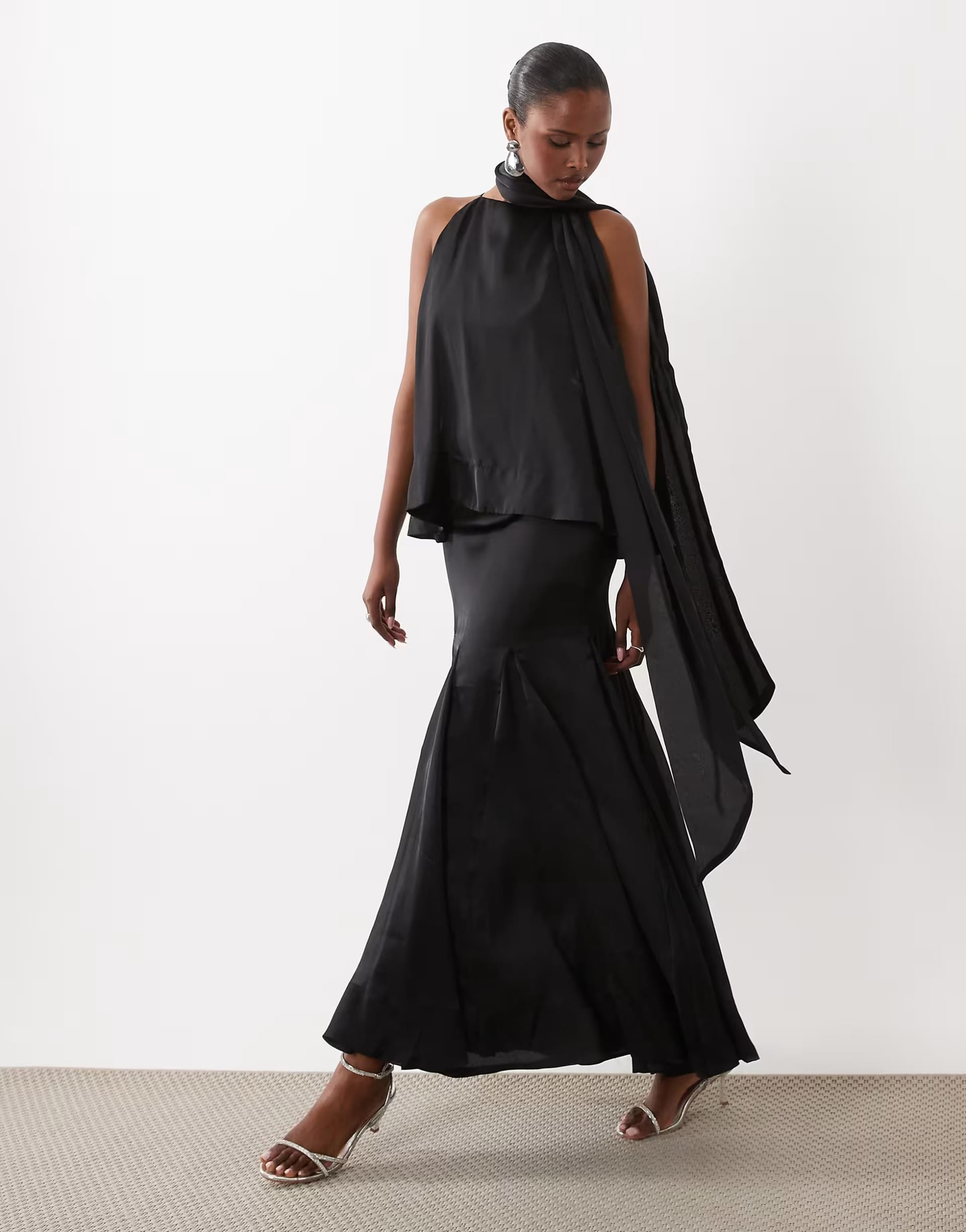 ASOS Black Layered Tiered Cami Maxi Dress with Scarf Detail