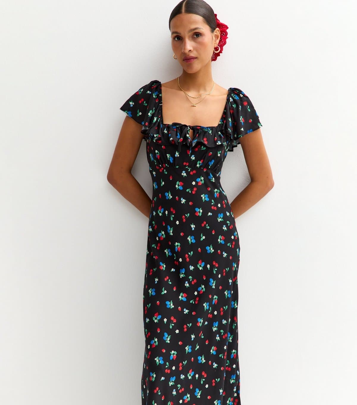 New Look Women's Black Fruit and Floral Print Square Neck Midi Dress New Look