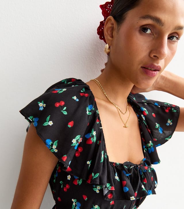 New Look Women's Black Fruit and Floral Print Square Neck Midi Dress New Look - 2