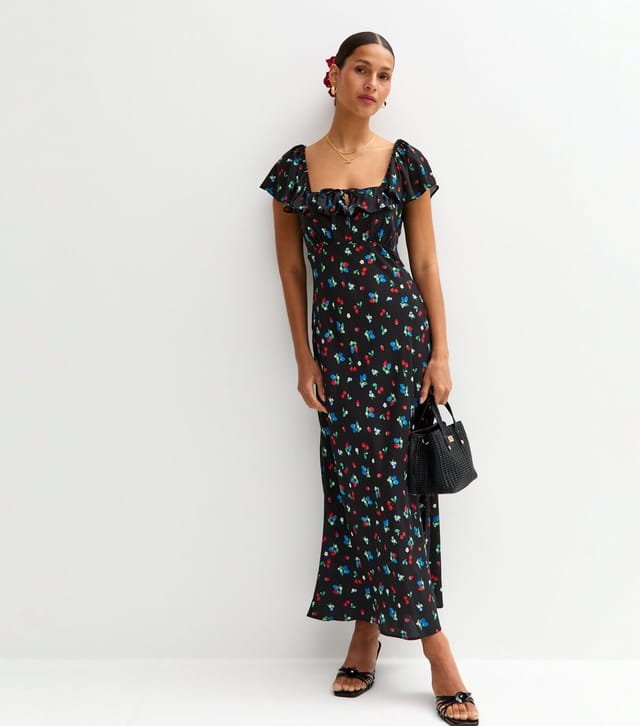 New Look Women's Black Fruit and Floral Print Square Neck Midi Dress New Look - 3