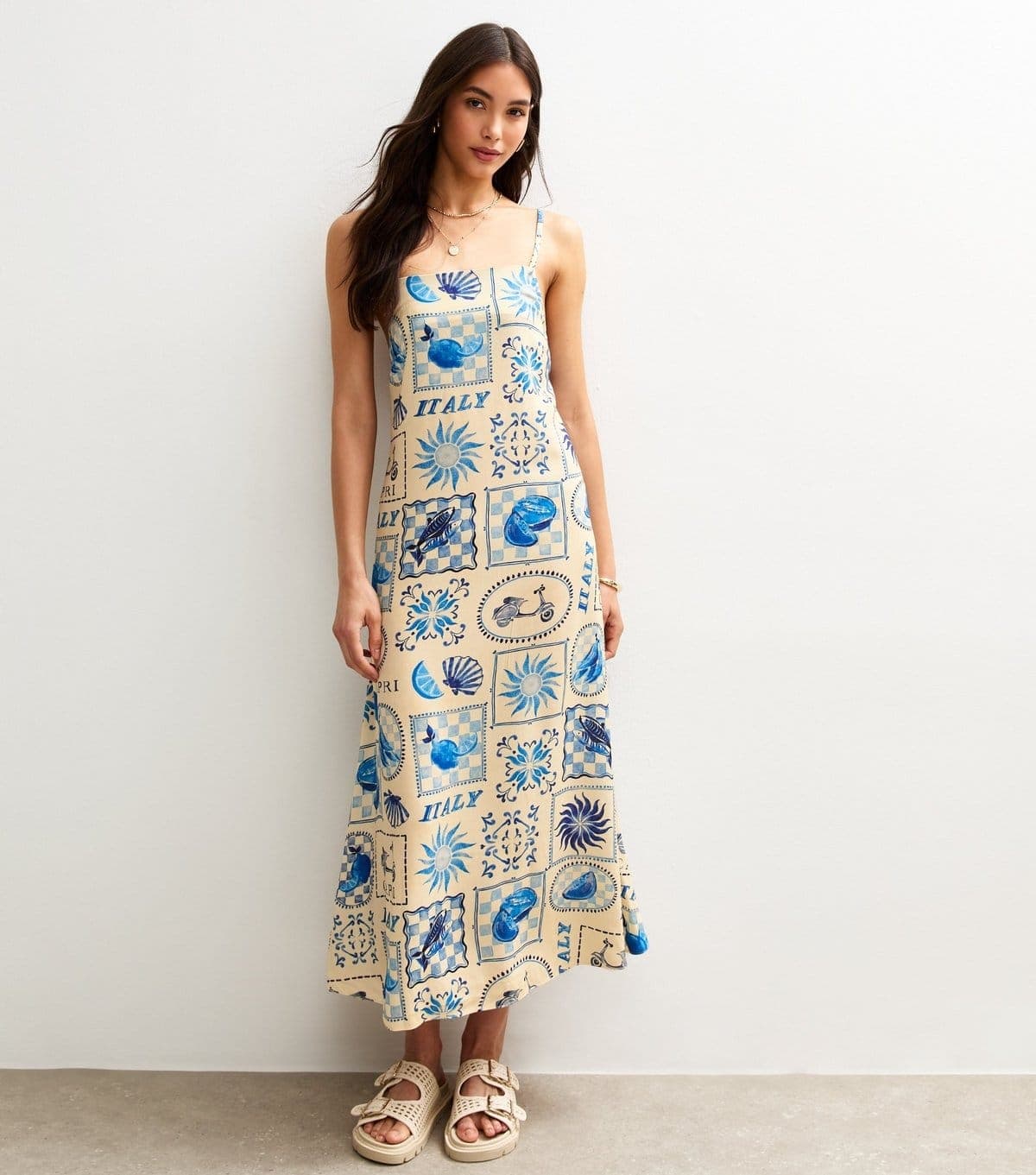 New Look Women's Blue Tile Print Square Neck Midi Dress New Look