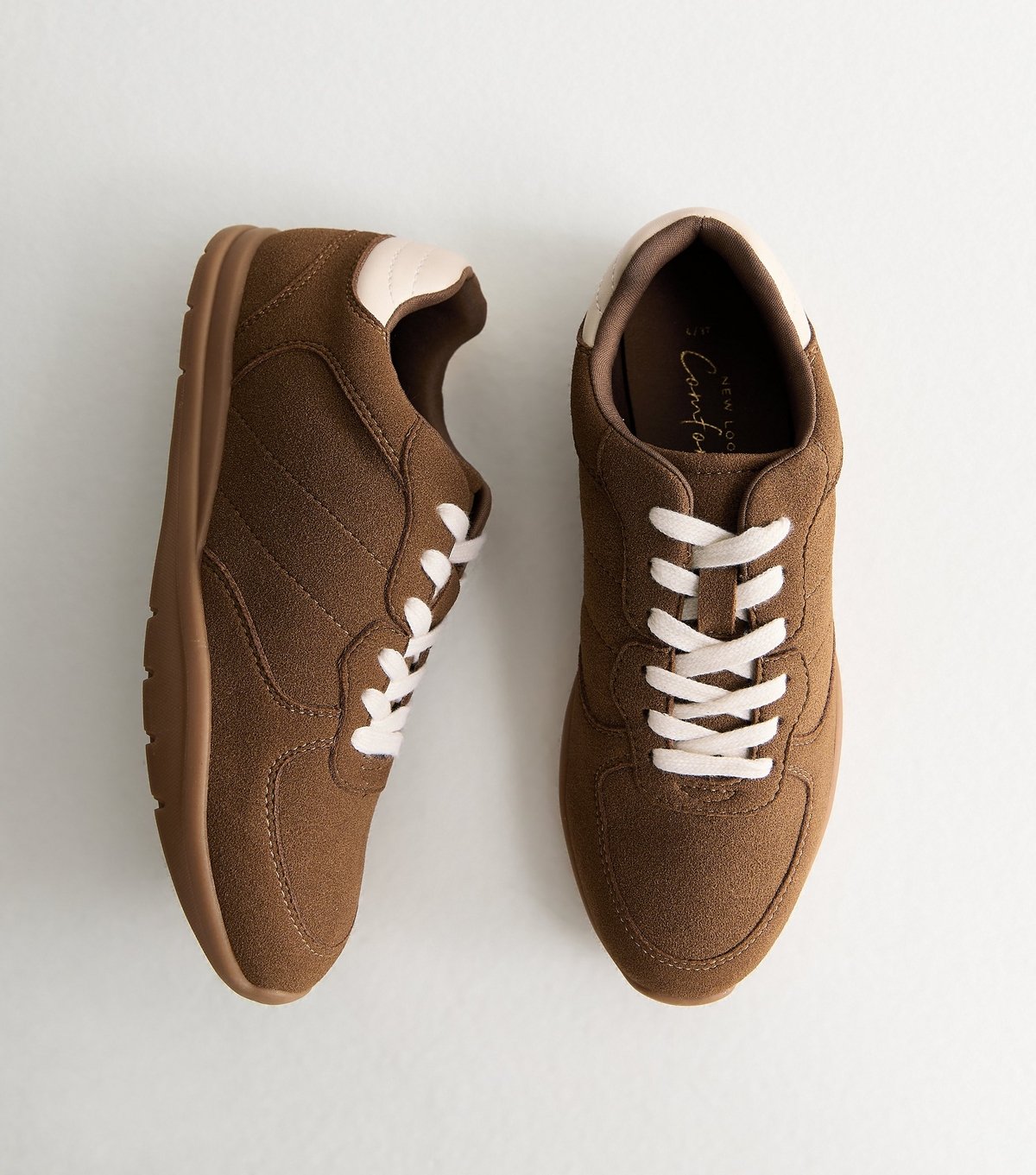 New Look Women's Tan Faux Brushed Leather Contrast Lace Trainers Vegan New Look - 3