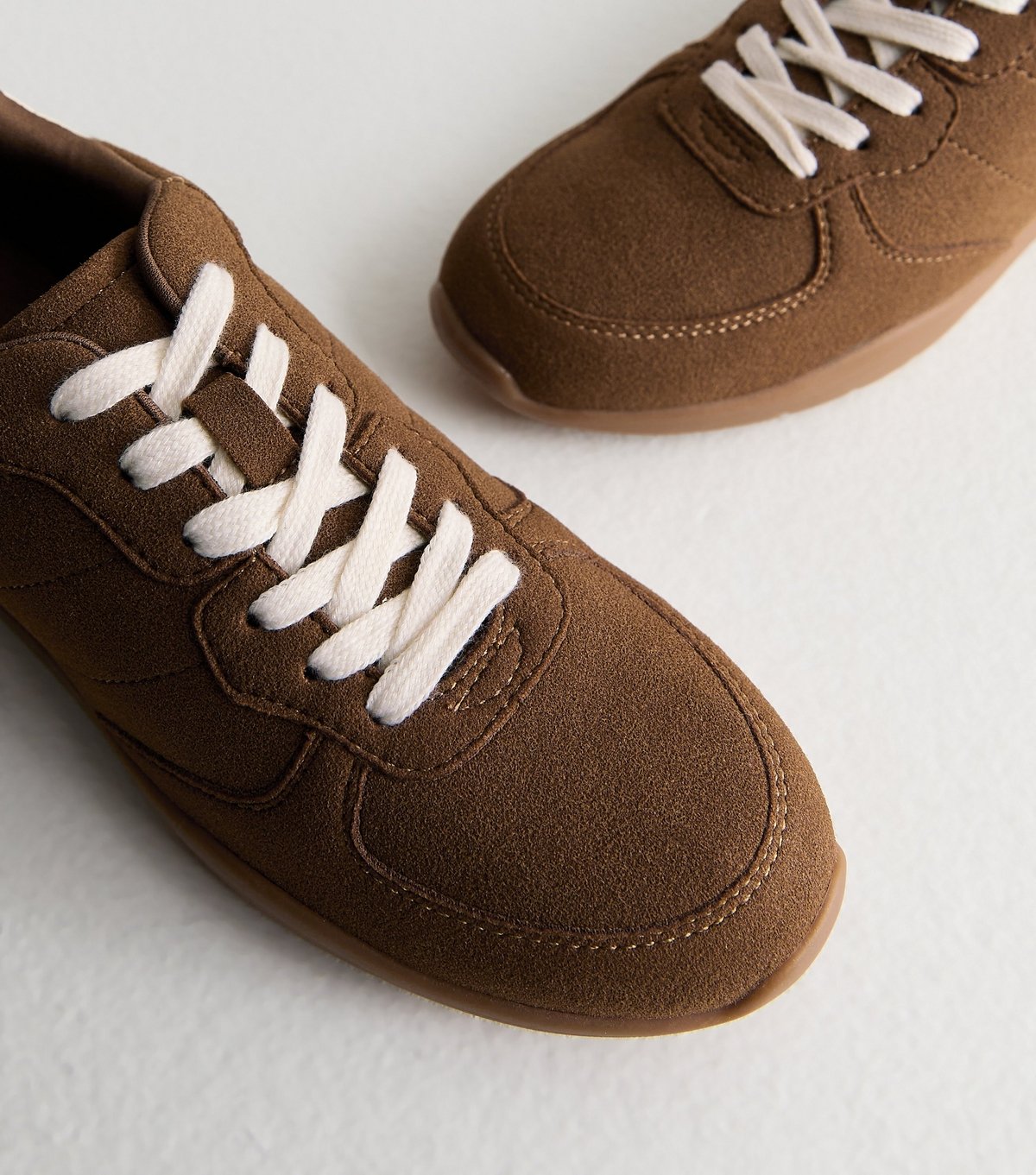 New Look Women's Tan Faux Brushed Leather Contrast Lace Trainers Vegan New Look - 4