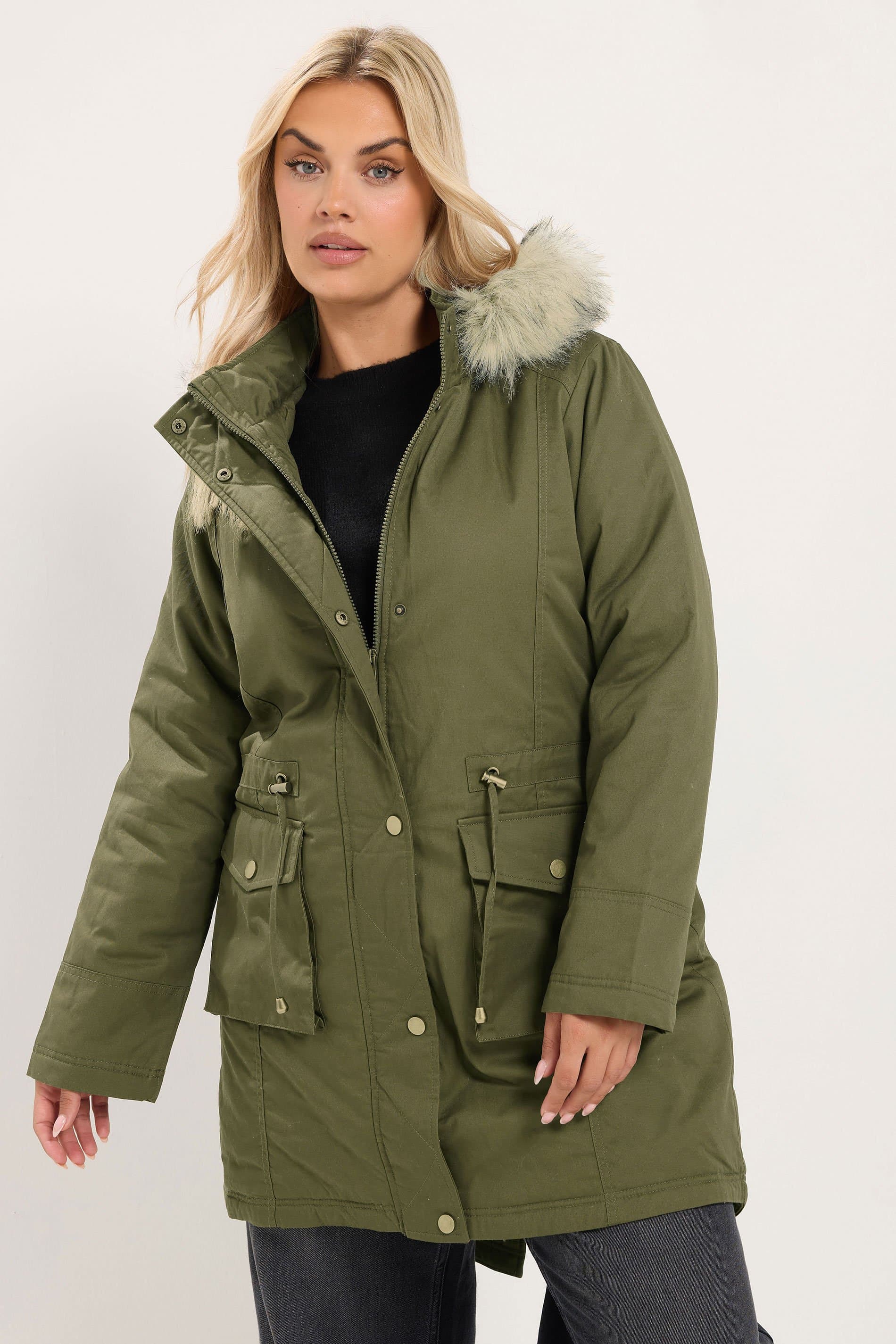 Yours Plus Size Khaki Green Faux Fur Parka Coat