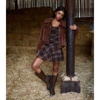 Pink Vanilla Women's Brown Checked Ruffle Mini Dress Pink Vanilla New Look