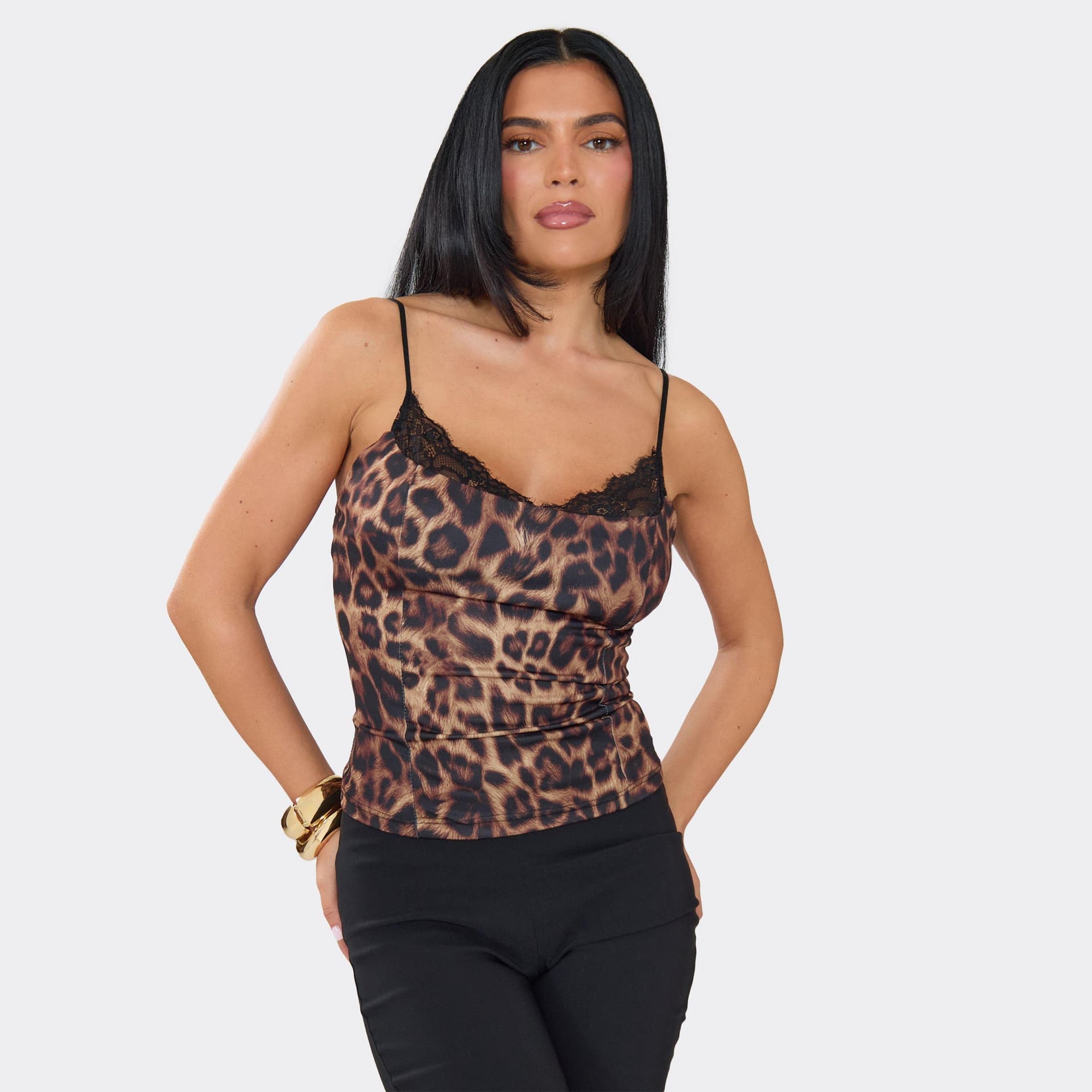 EGO Strappy Lace Trim Corset Top In Leopard Print, Women's Size UK L
