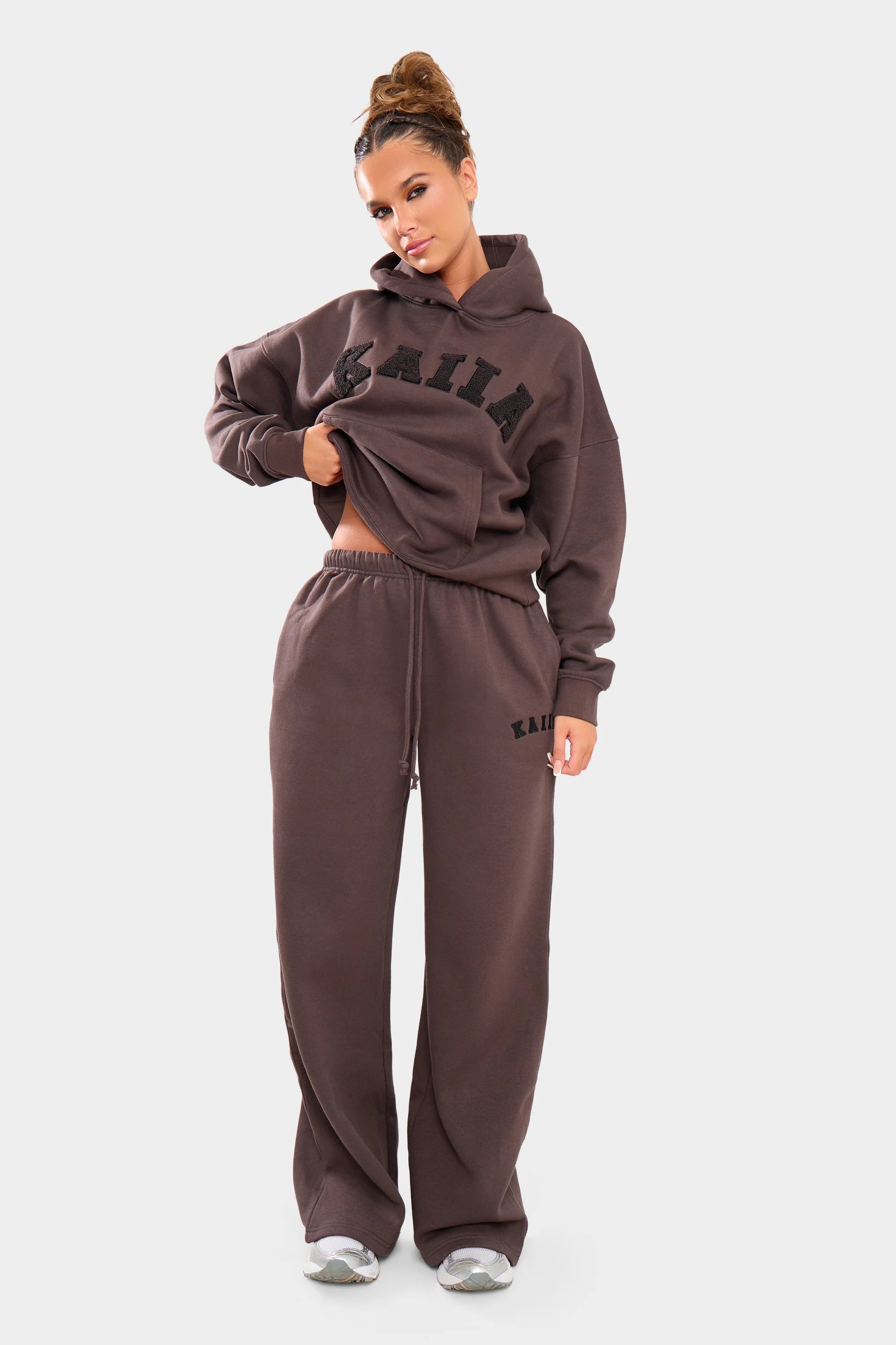 Kaiia Kaiia Borg Slogan Oversized Hoodie Chocolate - 3