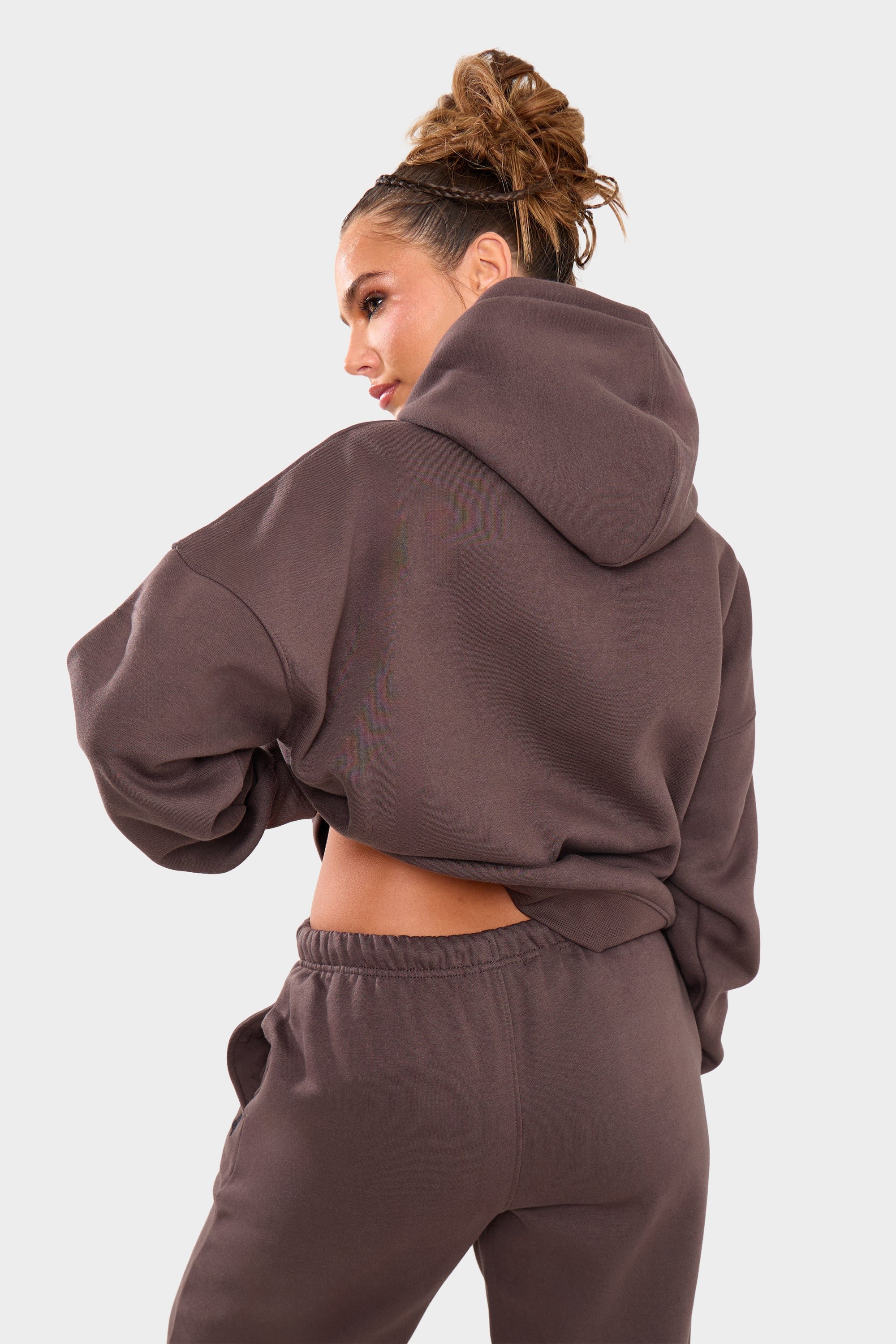 Kaiia Kaiia Borg Slogan Oversized Hoodie Chocolate - 4