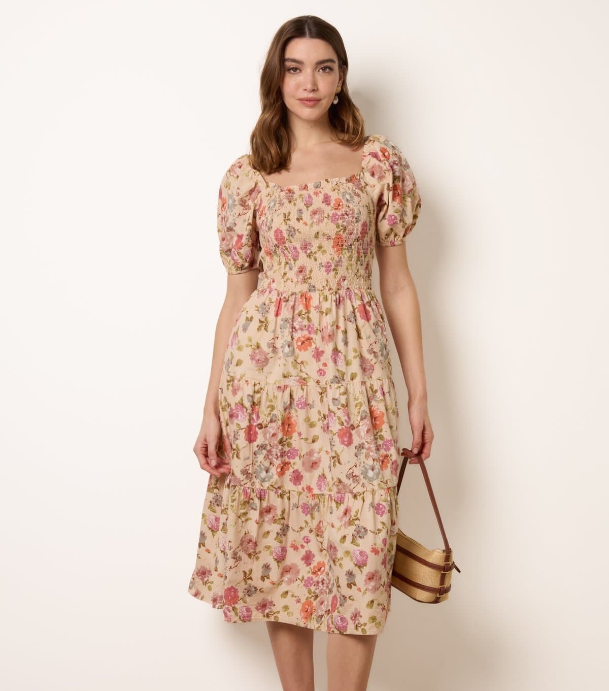 Blue Vanilla Women's Yellow Cotton Floral Tiered Midi Dress Blue Vanilla New Look