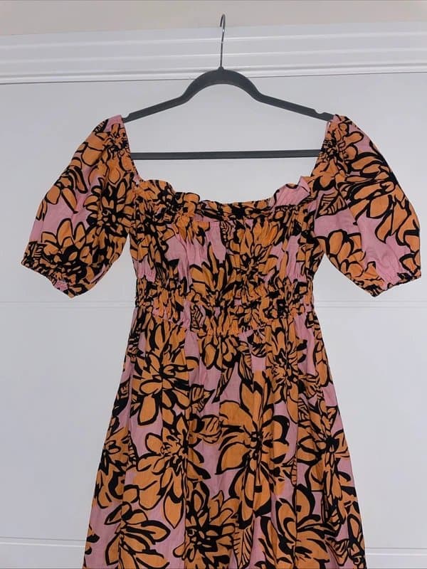 Never Fully Dressed Never Fully Dress Pink Orange Floral Bardot Midi Dress Size M Summer Elasticated printed pretty