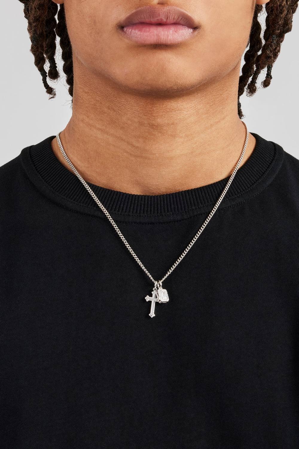Cernucci Cernucci Men's Clear Mixed Gemstone & Cross Layered Necklace - 20mm in Metallic Silver - 2