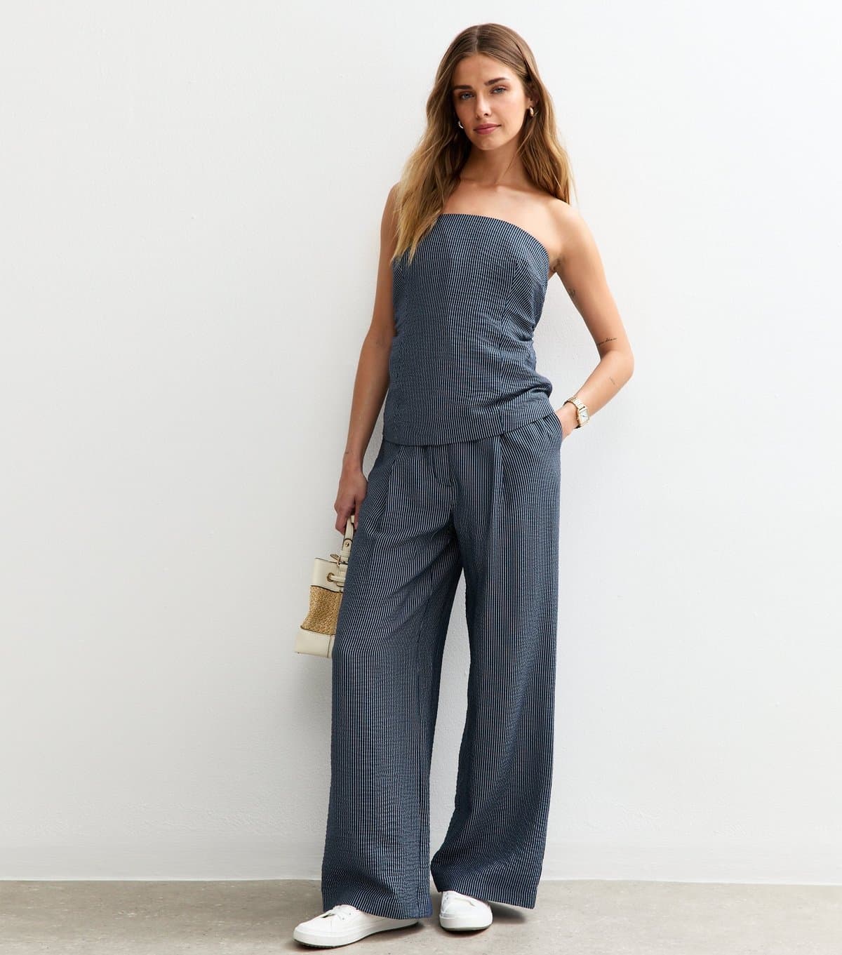 New Look New Look Blue Textured Striped Wide Leg Trousers