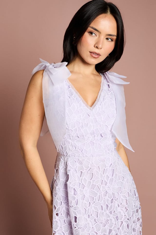 Coast Coast Women's Petite Bow Shoulder Organza Lace Midi Dress in Lilac - 2