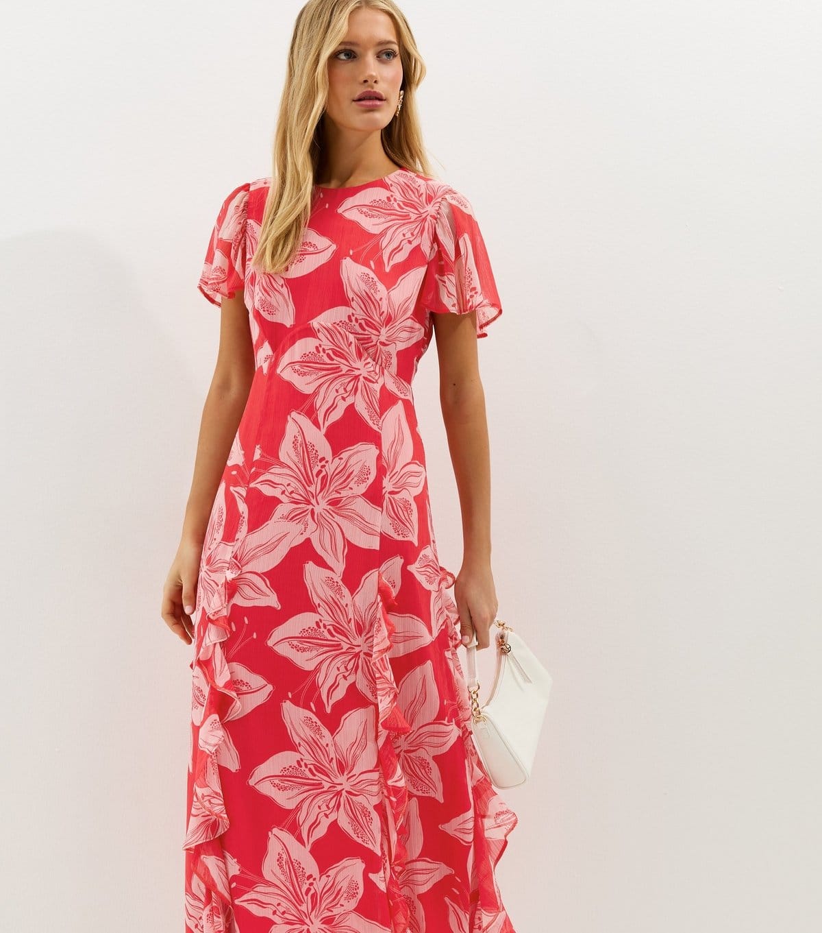New Look Red and Pink Orchid Godet Chiffon Midi Dress