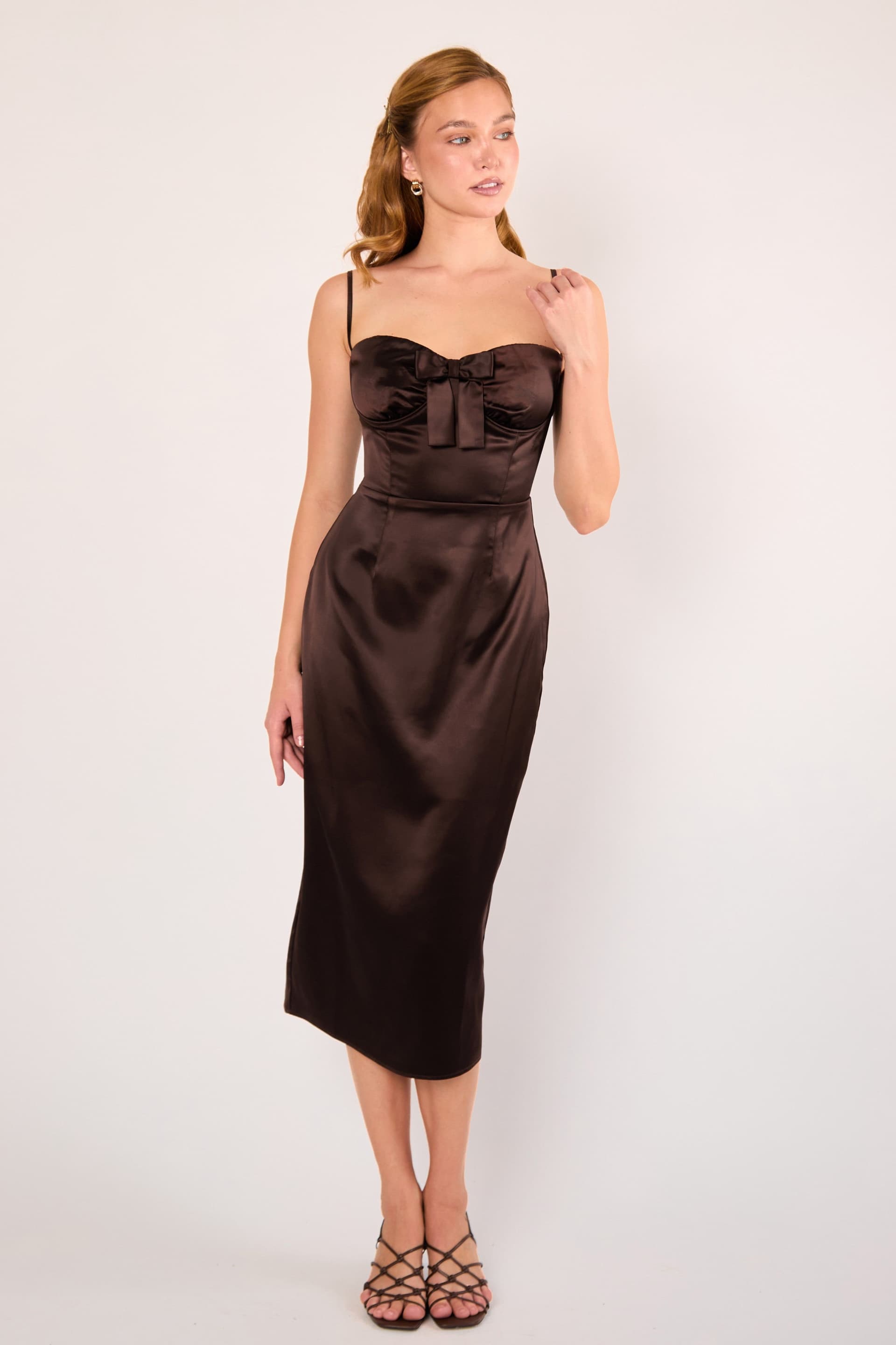 Jaded Rose Jaded Rose Women's Hyacinth Chocolate Brown Bustier Satin Bow Detail Midi Dress