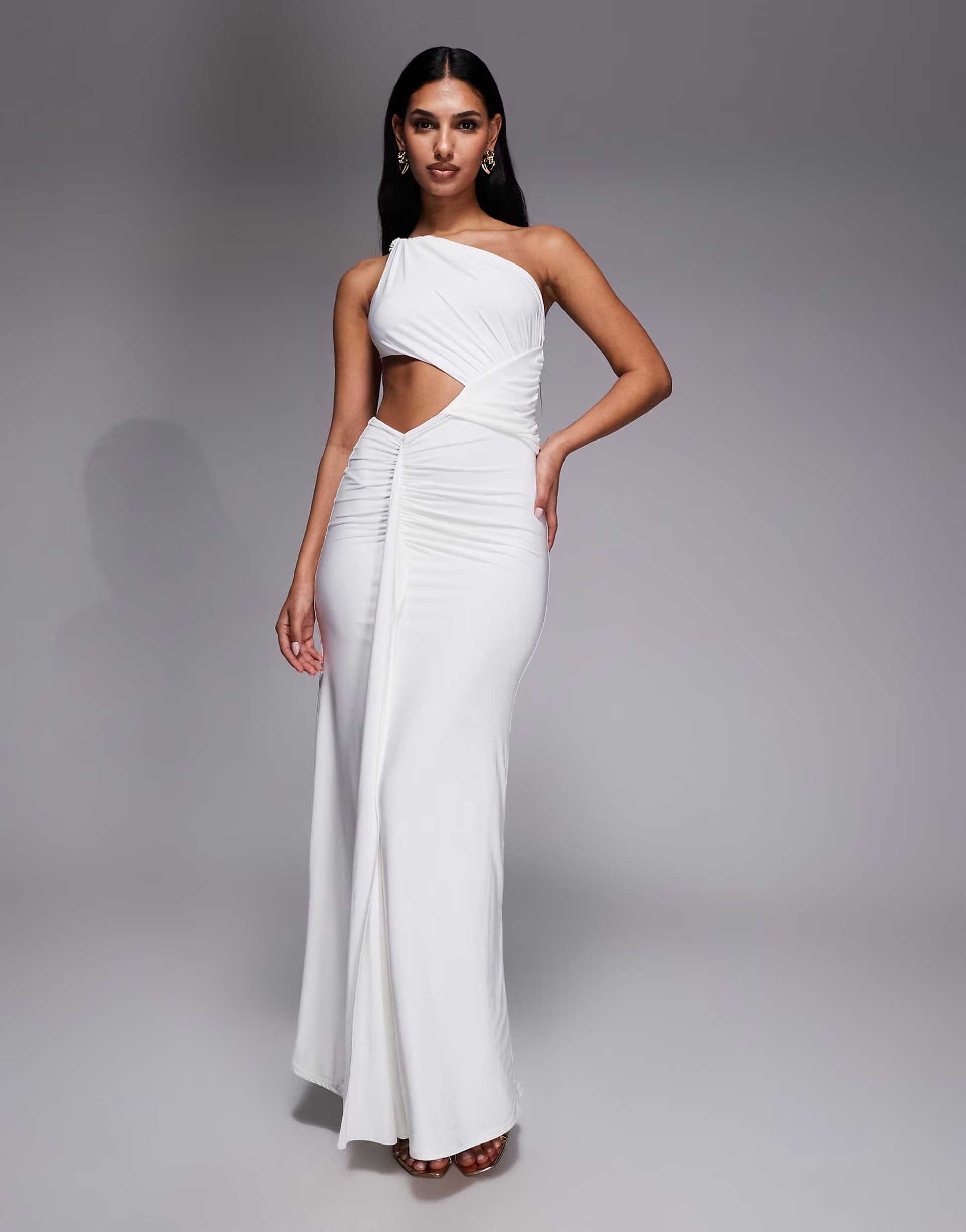 ASOS Kaiia exclusive double layered slinky one shoulder drape cut out detail maxi dress in white
