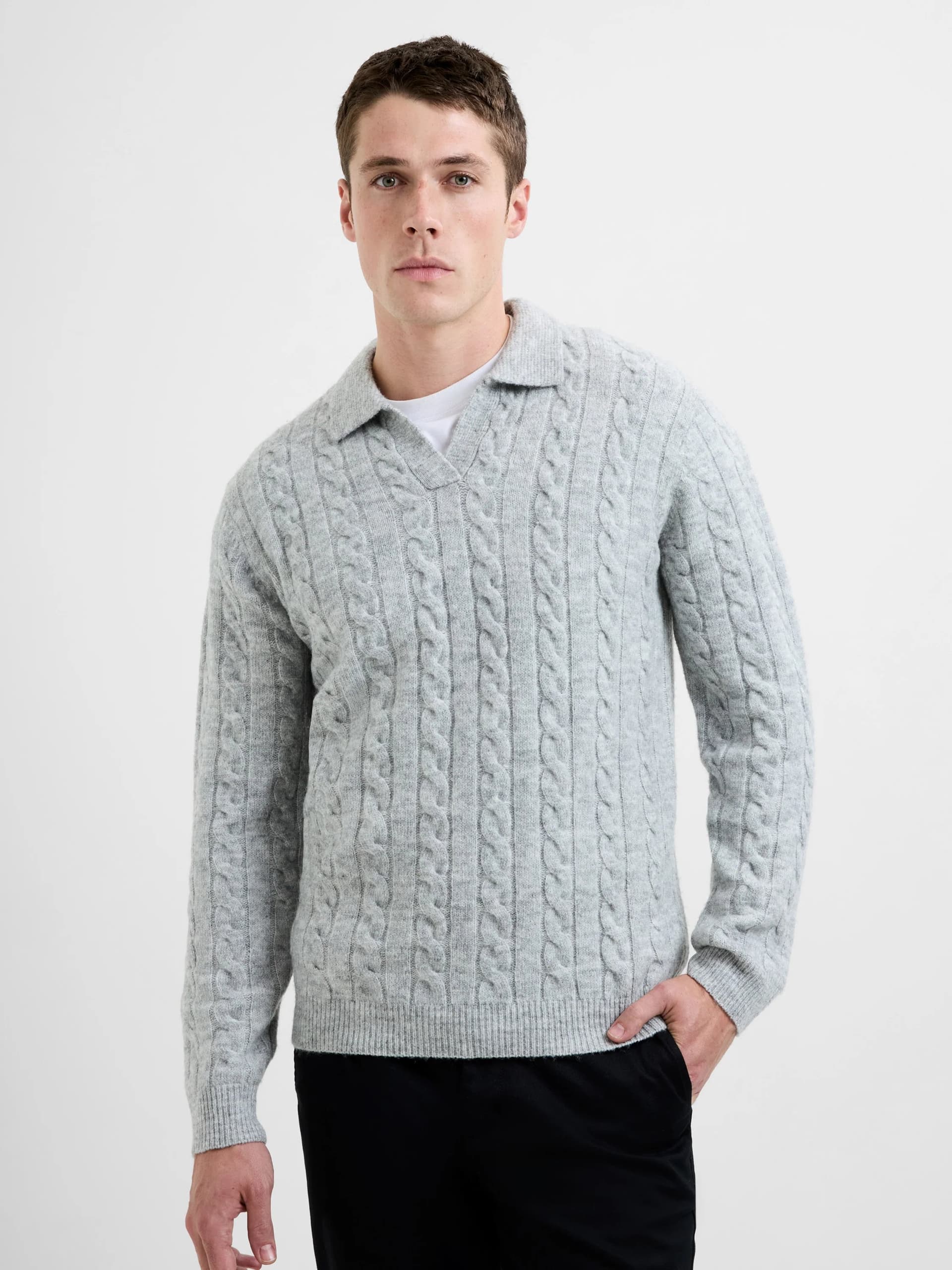 French Connection Cable Knit Trophy Neck Polo Jumper Grey Melange