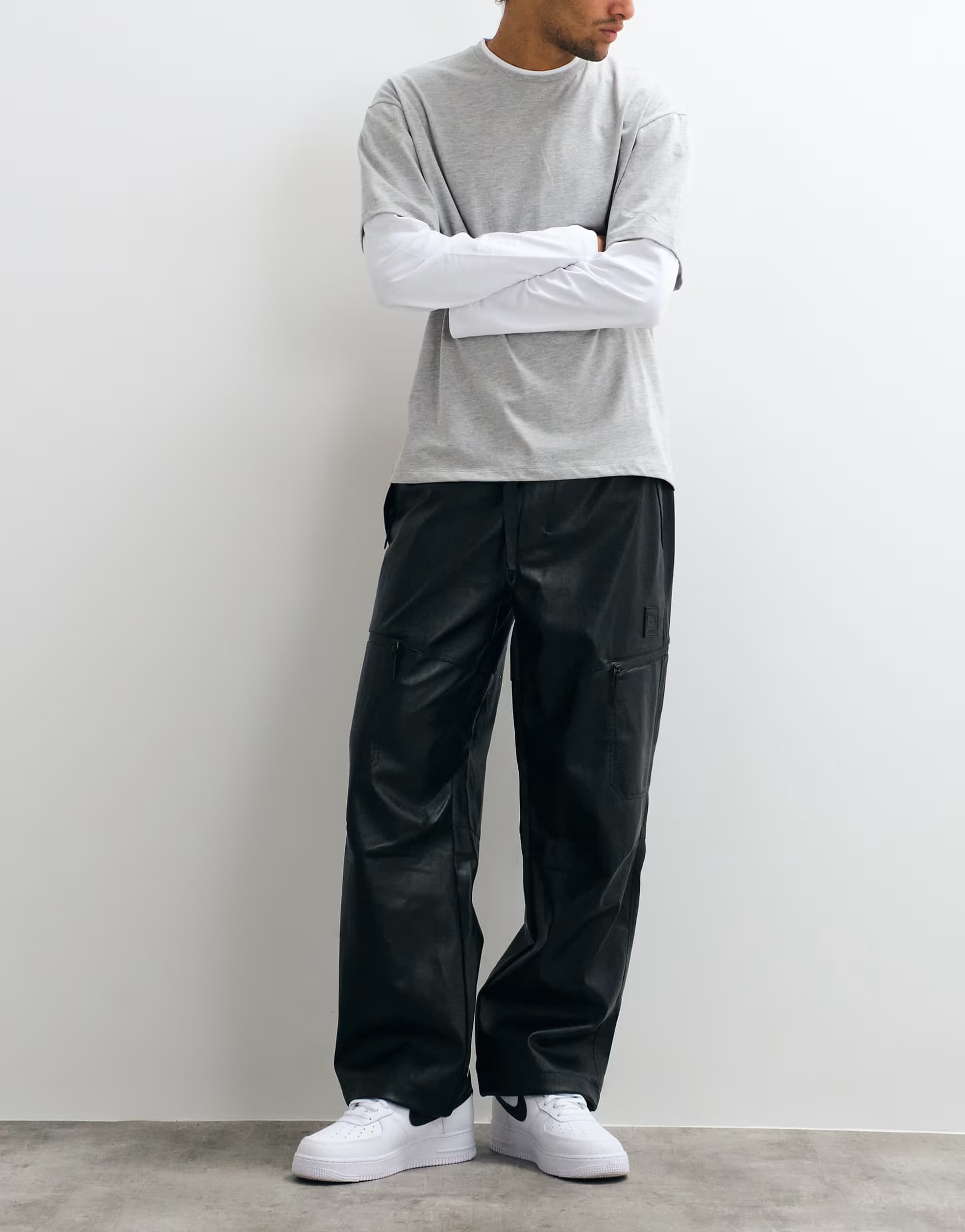 ASOS Obey obsidian faux leather loose fit trousers in black