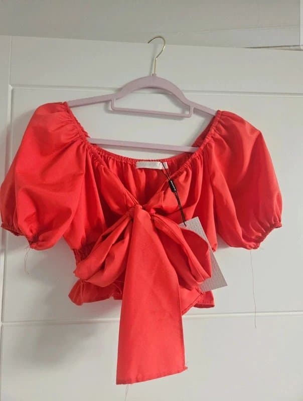 DLSB Dlsb red bow short puff sleeve crop top spring summer holiday party day night out