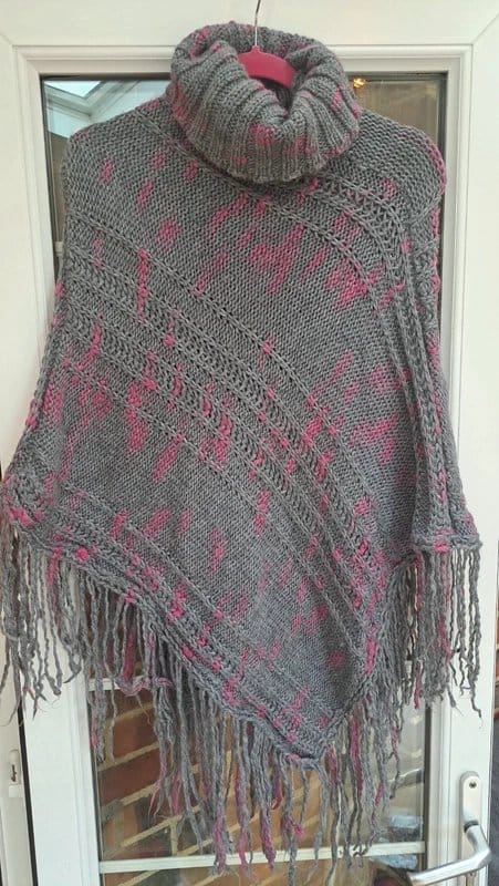 T.K. Maxx Grey Wool Poncho with Pink Accents