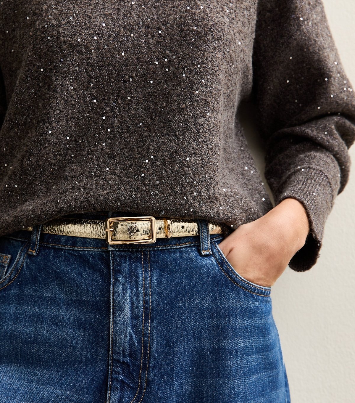 New Look Gold Tone Metallic Faux Snake Skinny Belt New Look - 4