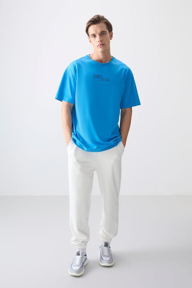 Tommy Life Tommy Life Men's Oversized Cotton Printed T-Shirt in Bright Blue - 3