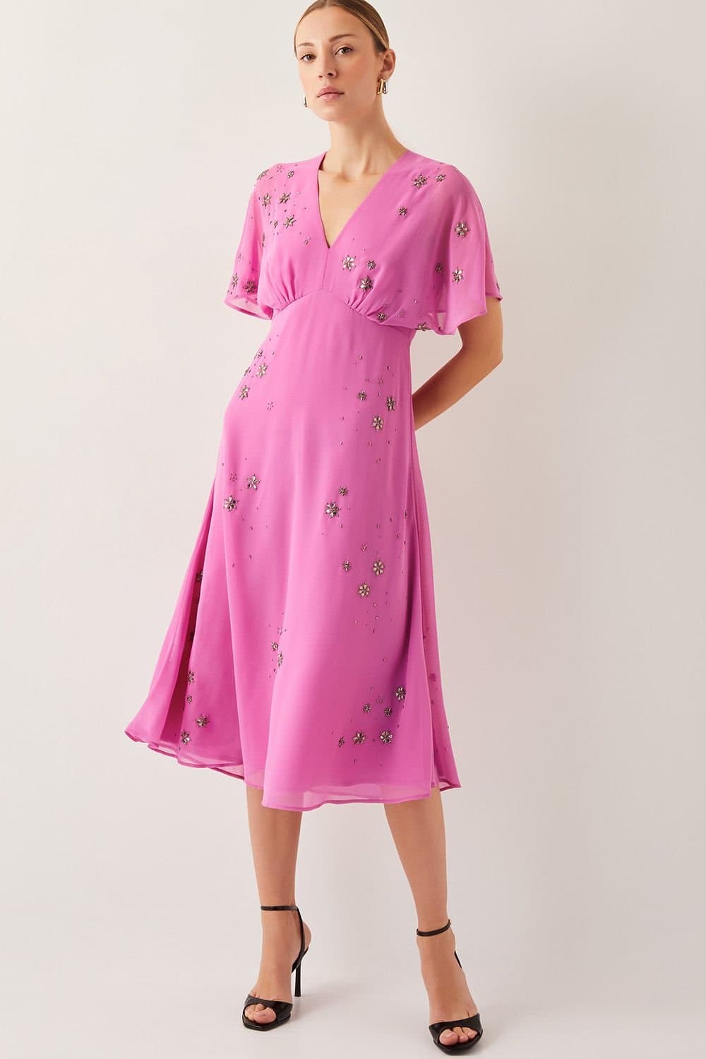 Monsoon Monsoon Women's Candice Embellished Flutter Sleeve Midi Dress Pink