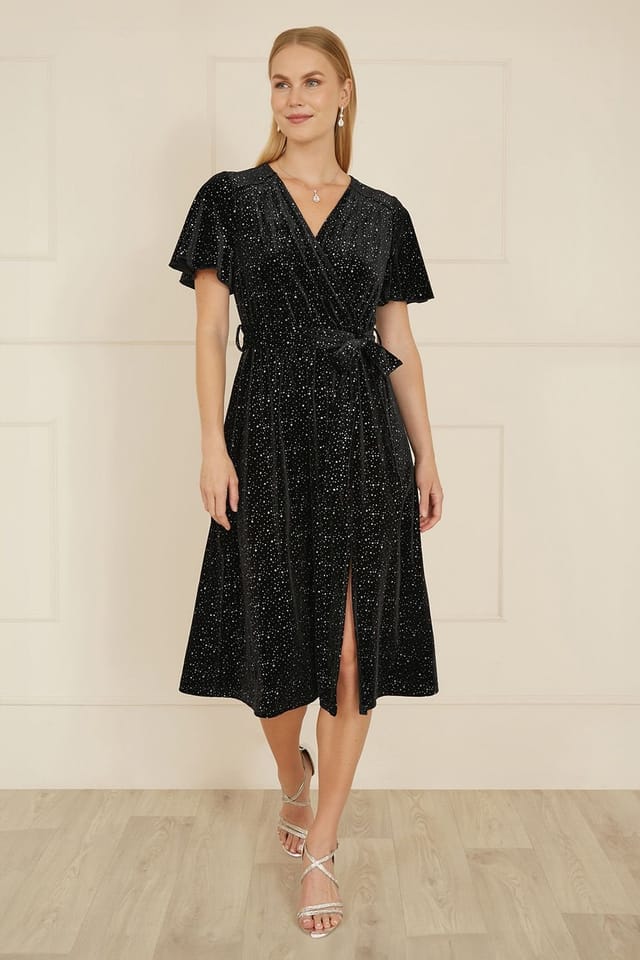 Yumi Yumi Women's Black Velvet Sparkle Wrap Midi Dress - 3