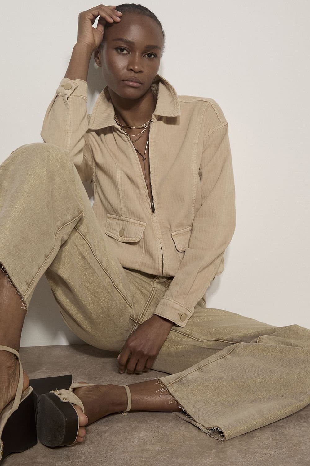 Apricot Apricot Women's Herringbone Cotton Bomber Jacket in Beige