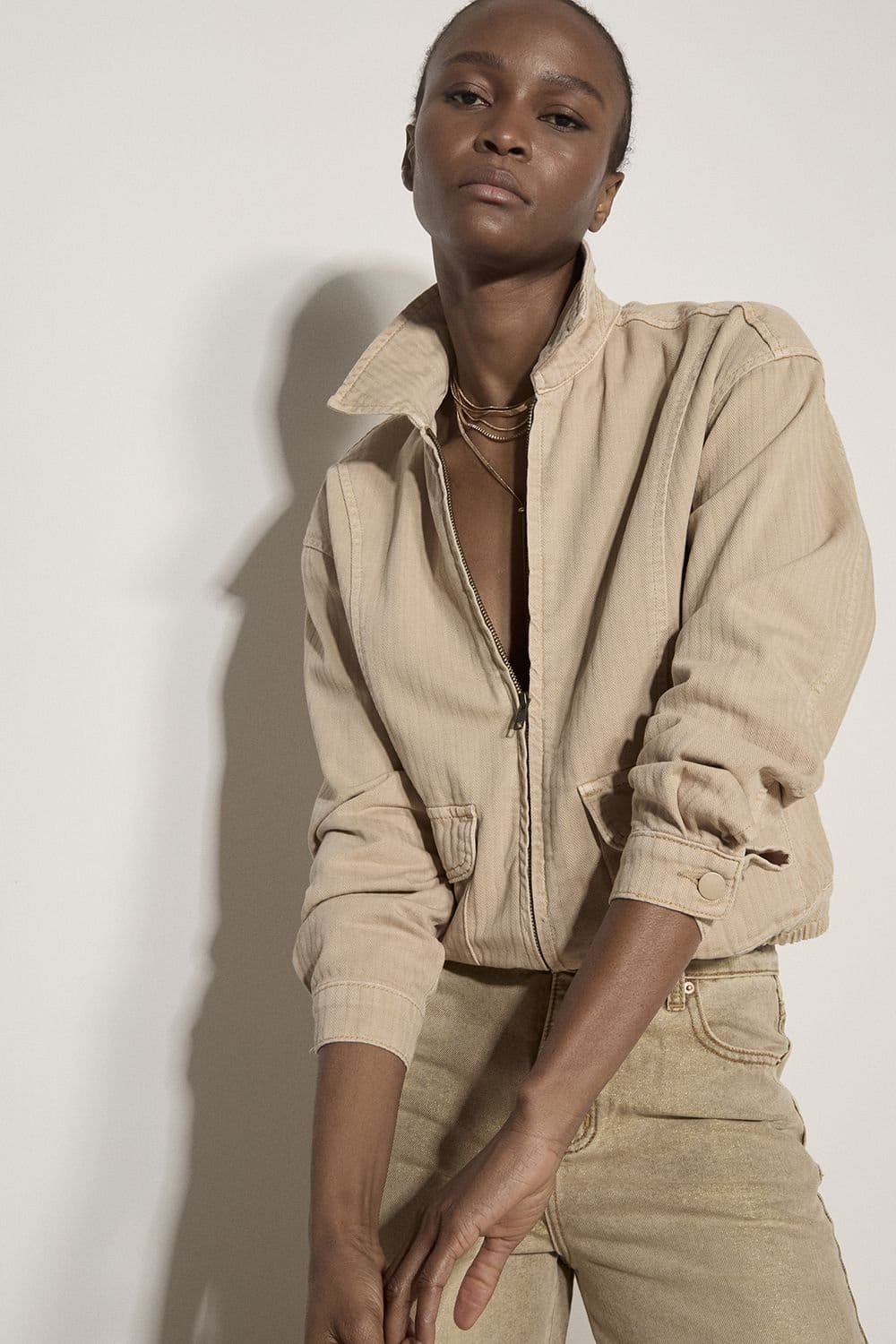 Apricot Apricot Women's Herringbone Cotton Bomber Jacket in Beige - 4