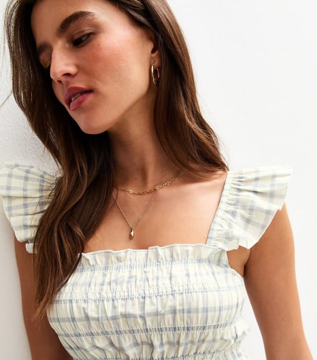 New Look Women's Blue Gingham Print Shirred Frill Strap Mini Dress New Look - 2